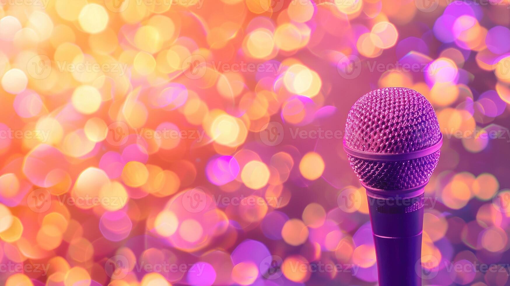 microfone em etapa com roxa brilhar claro. microfone para discurso cantando karaokê festa foto