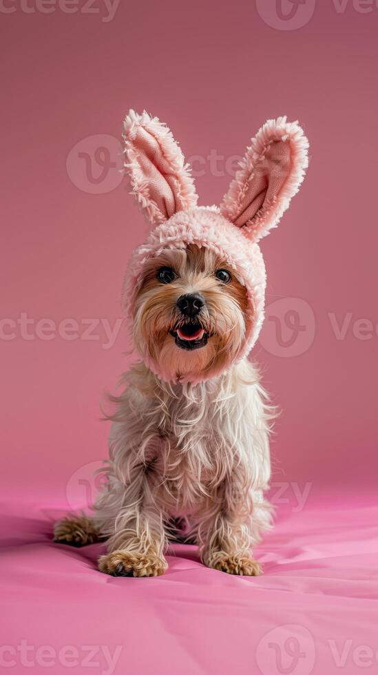 yorkshire terrier com Rosa Coelho orelhas em uma Coincidindo Rosa fundo festivo espírito do Páscoa foto