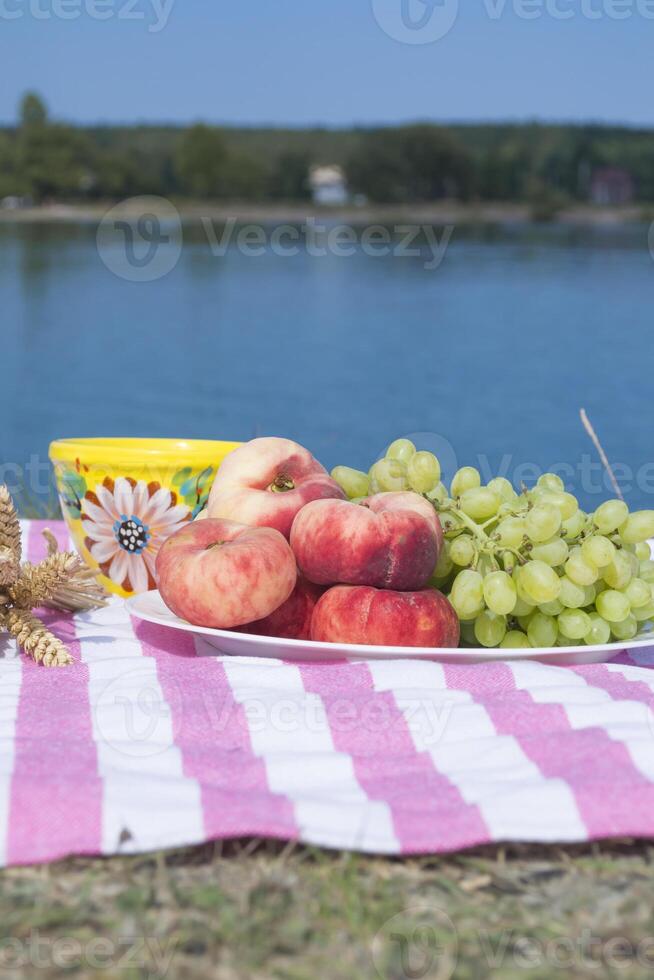 lindo piquenique com frutas, legumes e óculos do vinho perto lago. foto