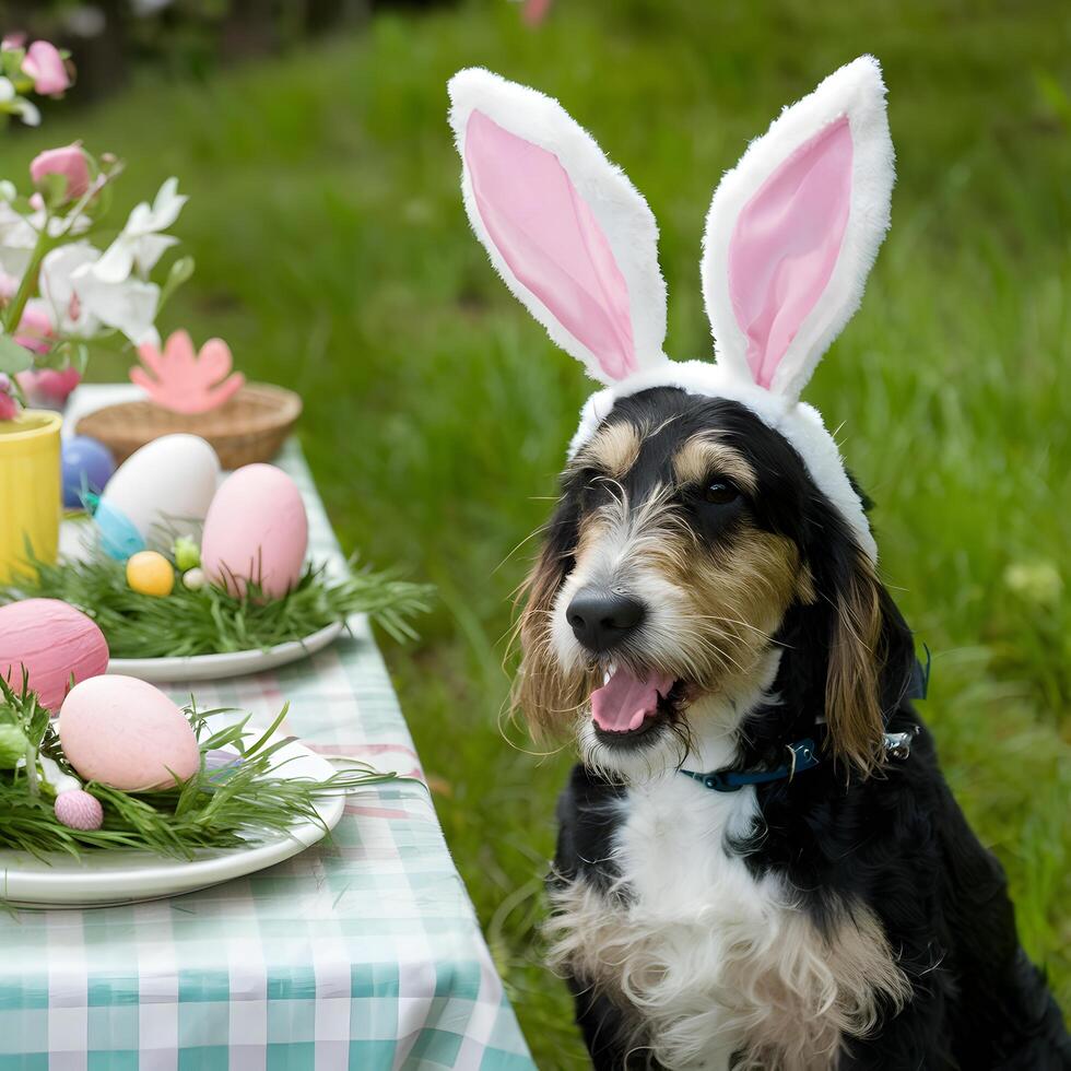 cachorro com Coelho orelhas senta perto Páscoa feriado mesa para social meios de comunicação postar Tamanho foto