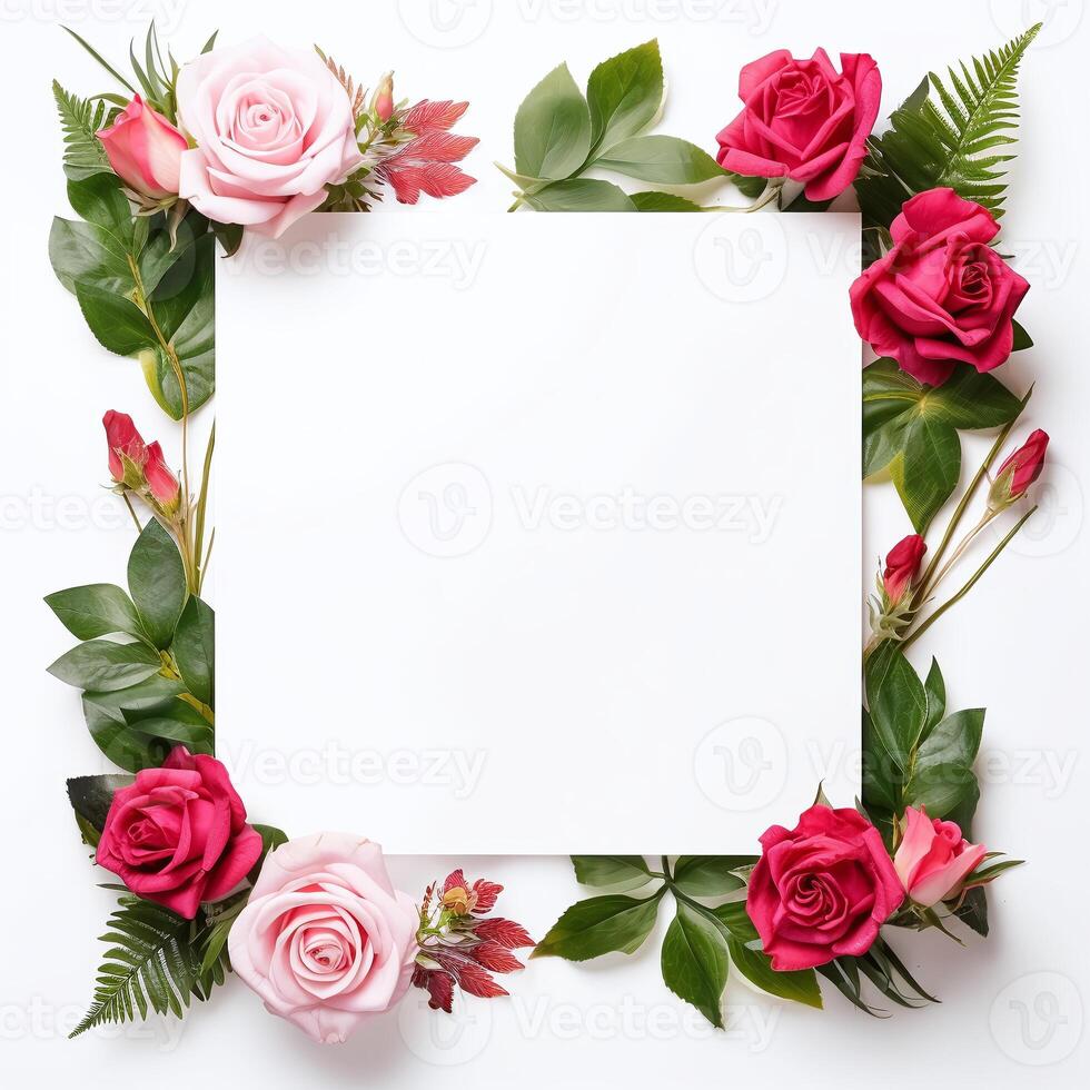 elegante rosa floral quadro, branco em branco espaço, romântico fronteira Projeto foto