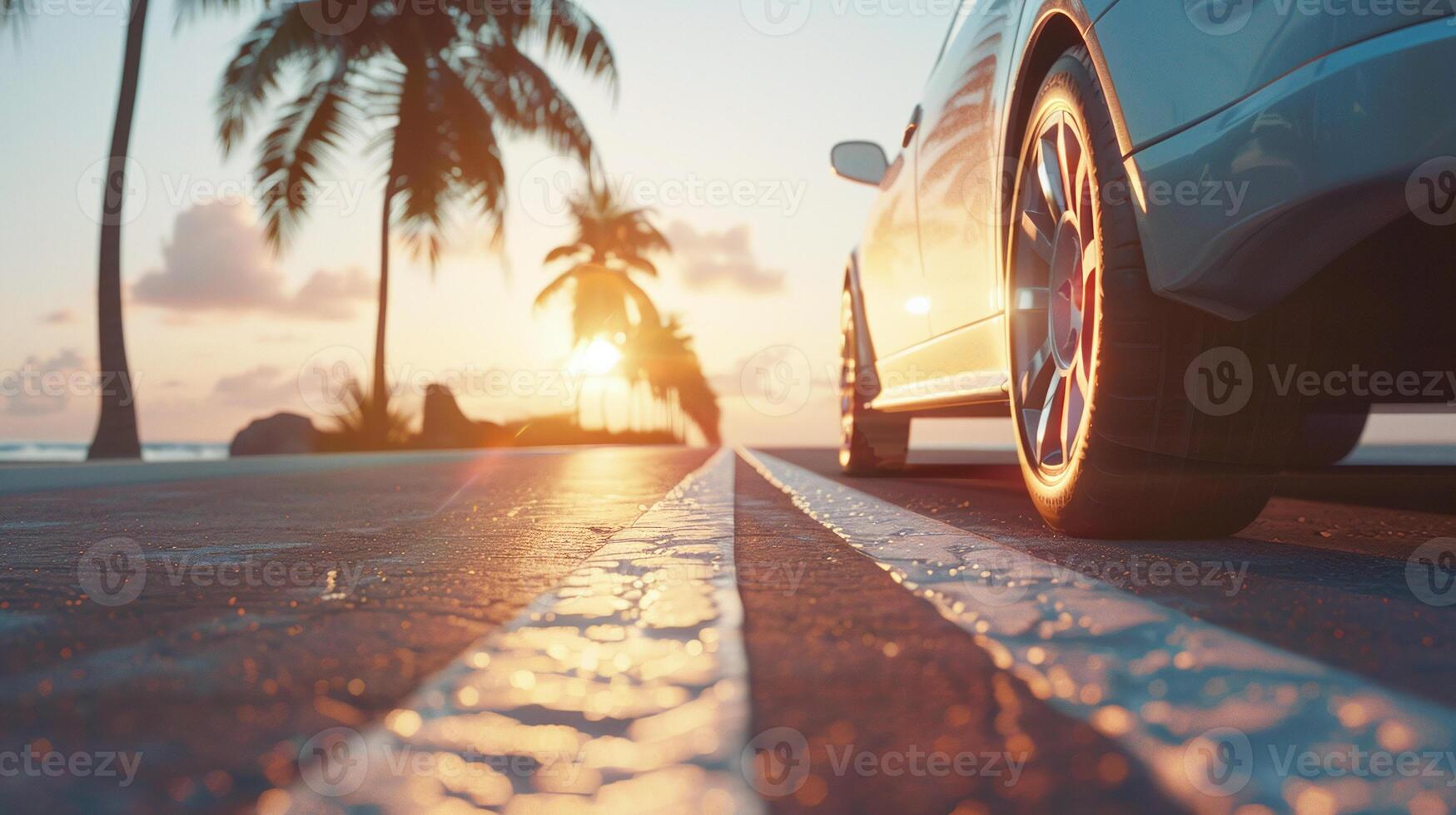 bandeira pôr do sol estrada viagem, luxo carro em tropical de praia estrada, Palma árvores, viagem estilo de vida, Sonhe férias, dourado hora sereno cena foto