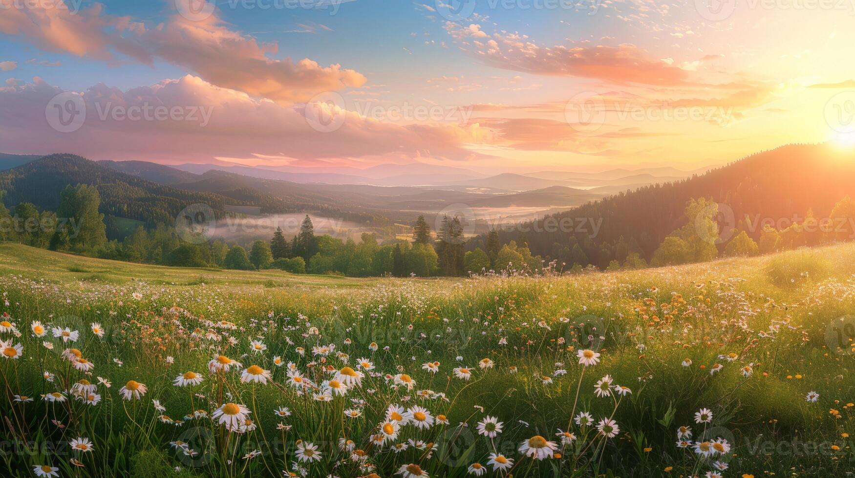 campo com flores e montanhas foto