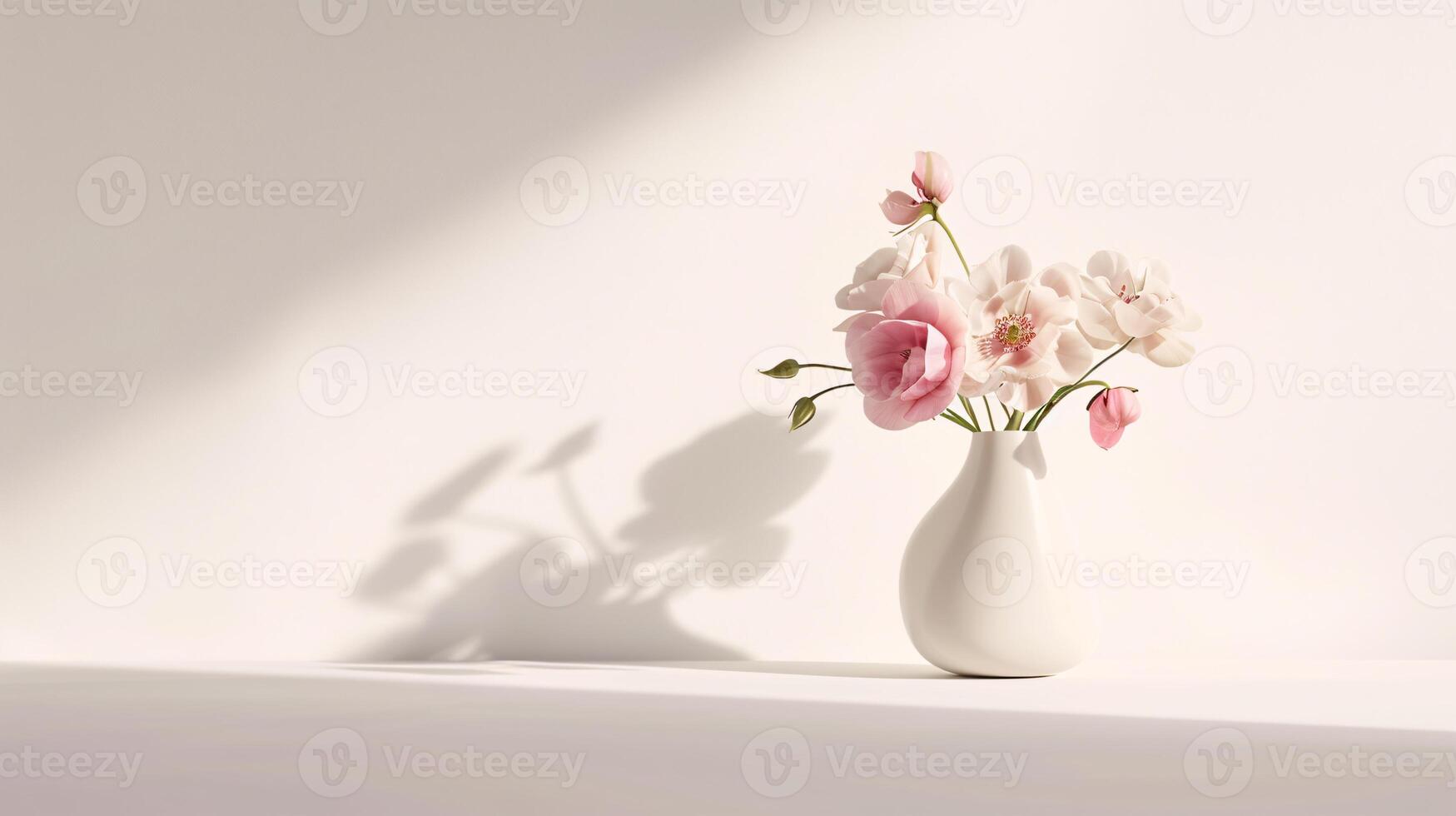 uma sofisticado arranjo do fresco flores dentro uma minimalista vaso elencos suave sombras em a imaculado branco superfície foto