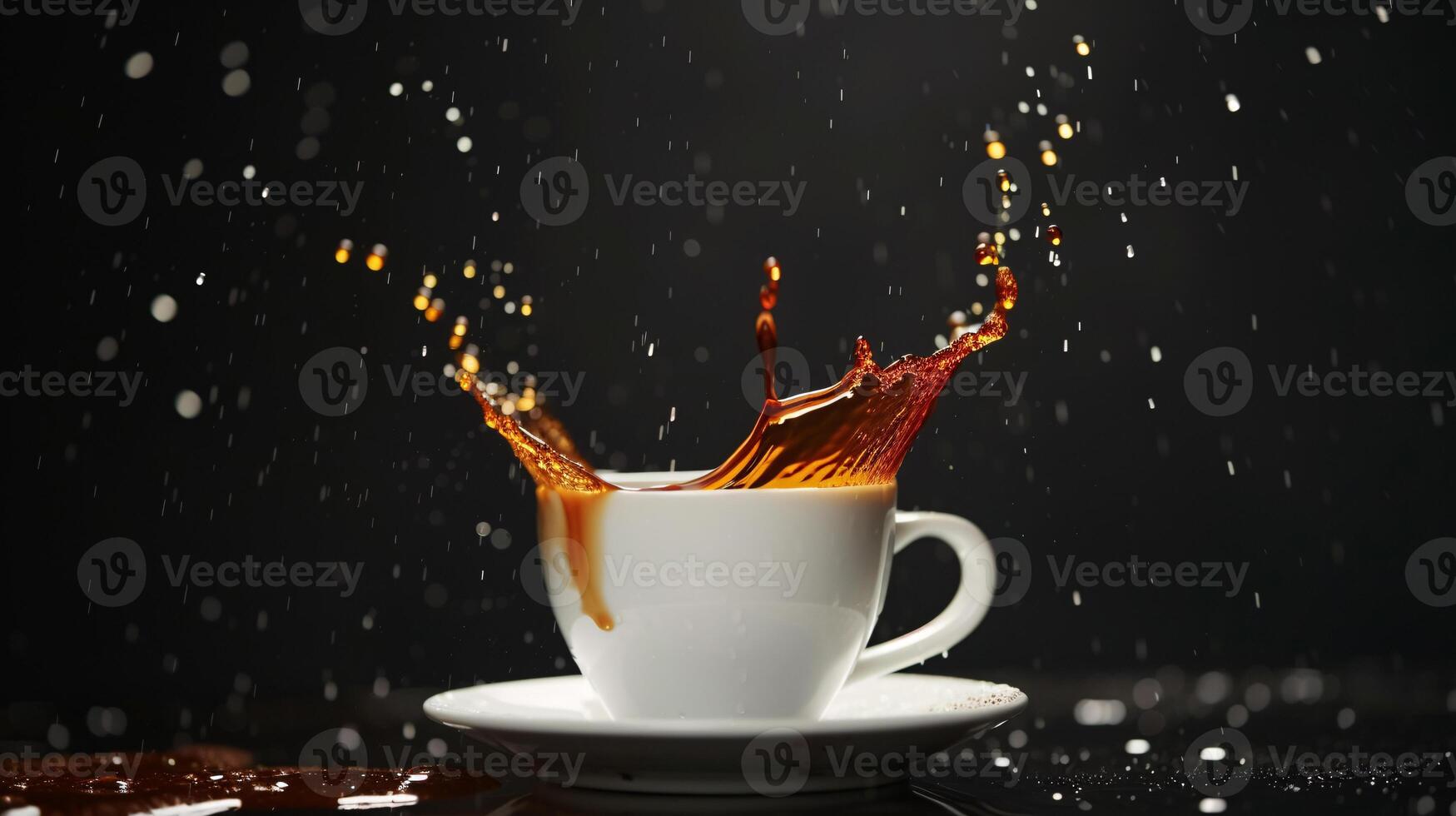 a fluido beleza do derramando café para dentro uma imaculado xícara, capturado dentro meio do ar foto