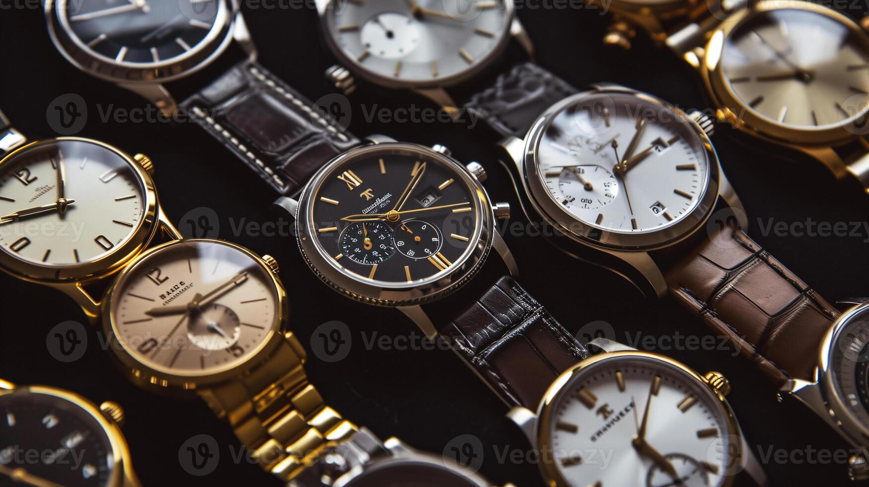uma coleção do à moda relógios de pulso, arranjado dentro uma padrão, vitrines a elegância do relógios foto