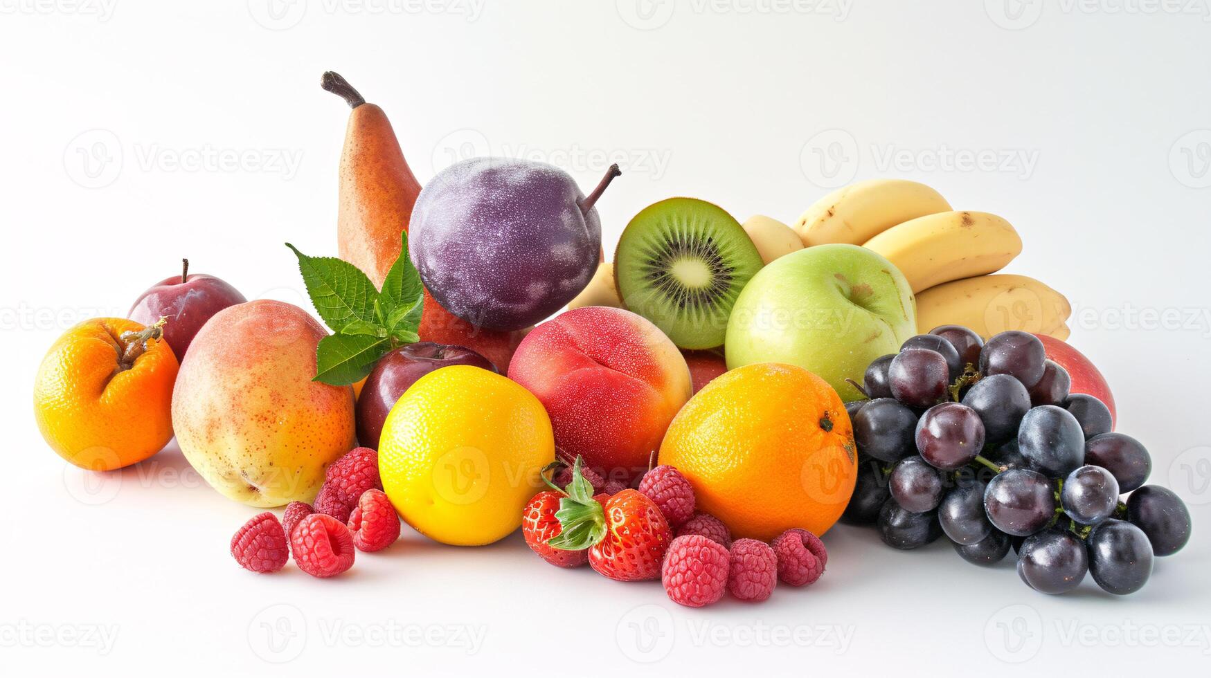 uma generoso seleção do fresco, vibrante frutas estão espalhados artisticamente em a imaculado branco fundo foto