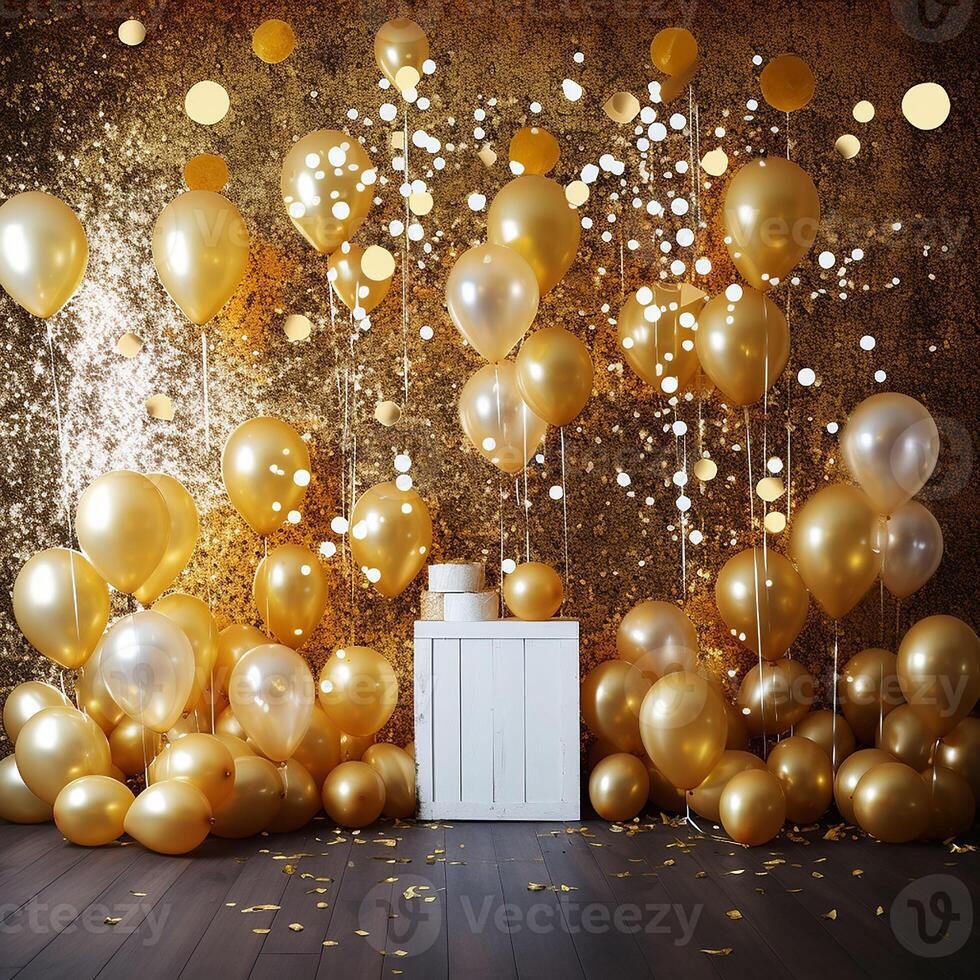 ouro e branco balões com ouro confete queda baixa sobre Preto fundo. Novo ano, aniversário ou Casamento celebração gerado.ai foto