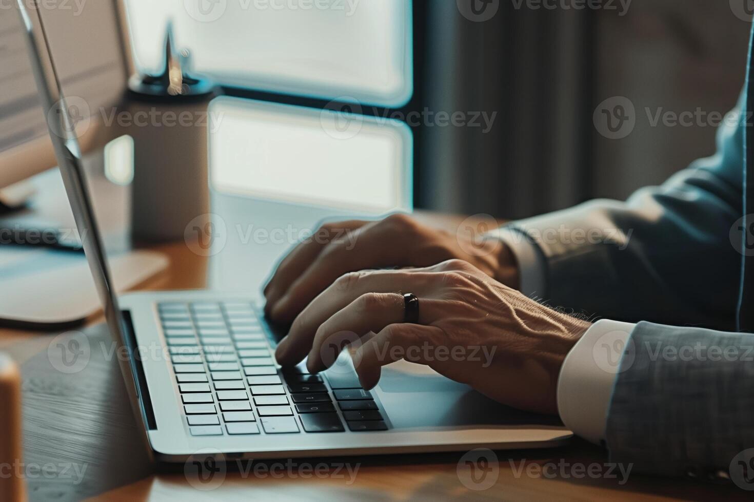 corporativo homem de negocios dentro terno trabalhando em computador portátil dentro dele escritório foto
