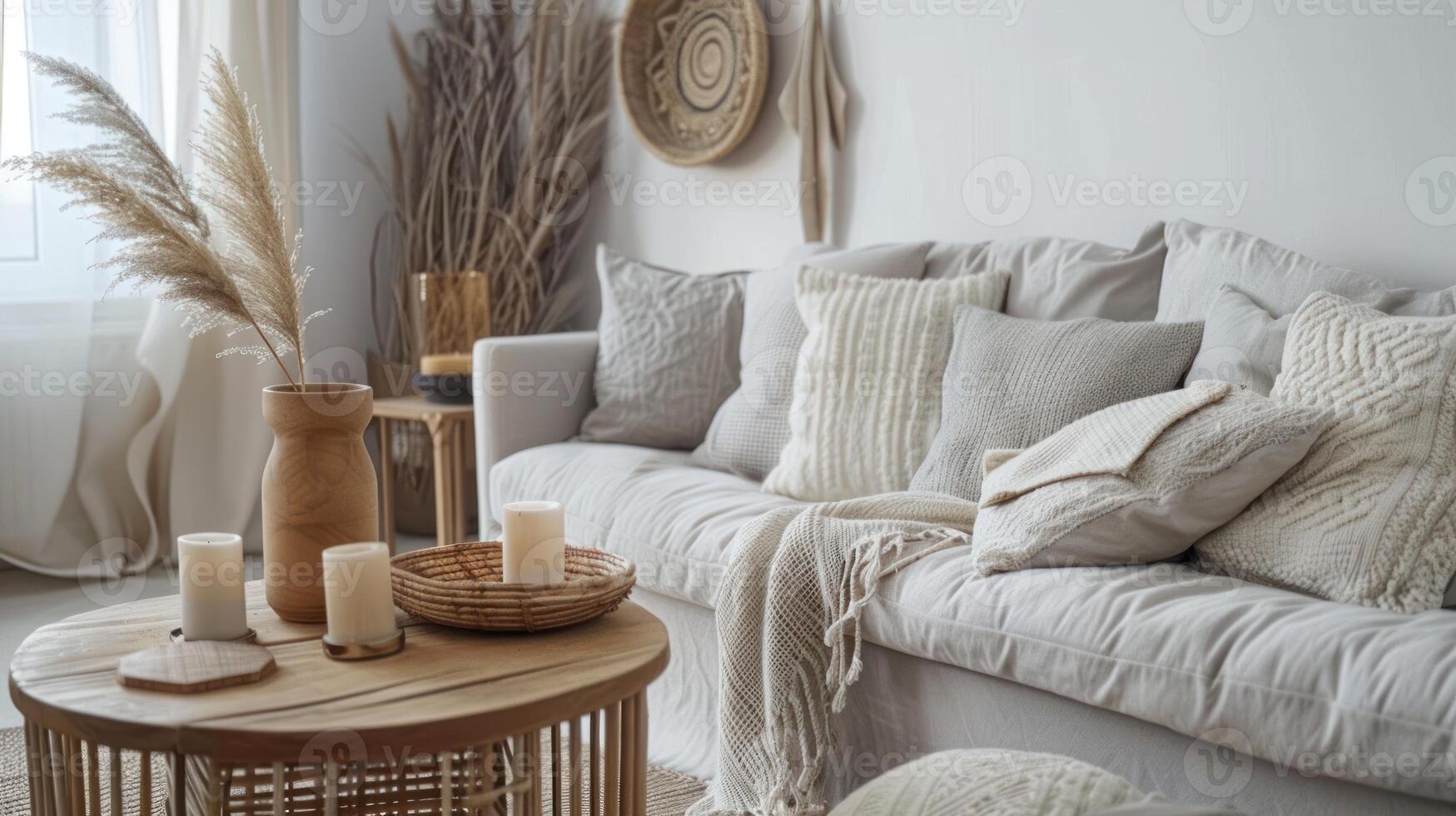 escandinavo casa interior do moderno vivo quarto com mobília e acessível trabalhos manuais foto
