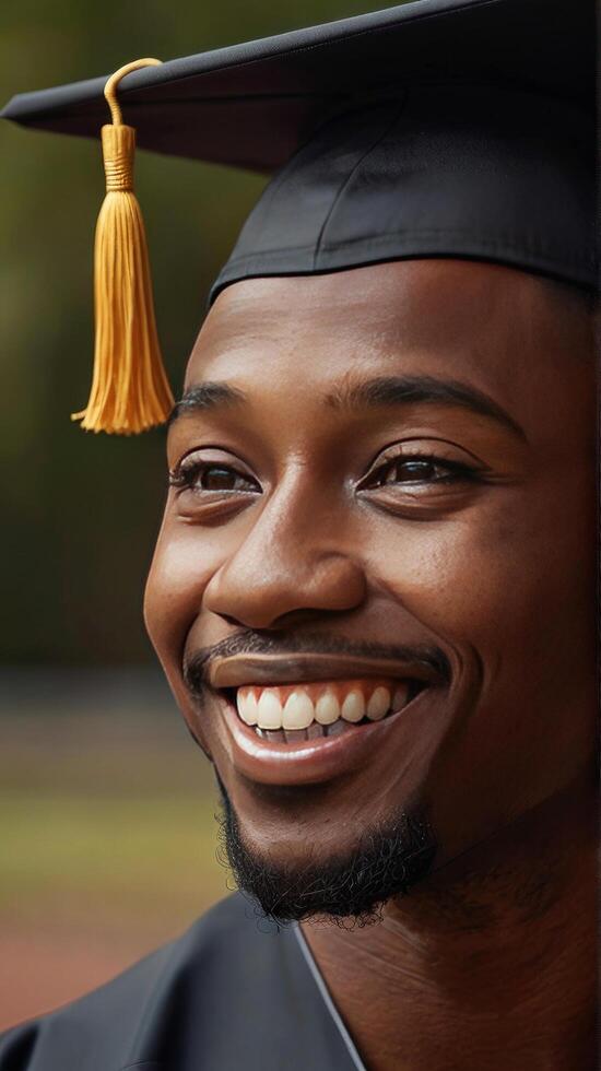 fechar-se tiro do graduado vestindo mortarboard em dele cabeça, revelar radiante Preto jovem homem face, dele sorrir radiante com orgulho e felicidade Como homem saborear momento do dele conquistas foto