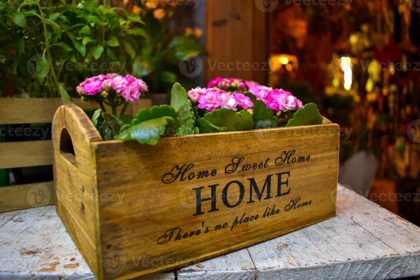 rua decoração do flor a Entrada do uma fazer compras com colorida flores Rosa kalanchoe dentro uma de madeira caixa com letras doce lar. foto