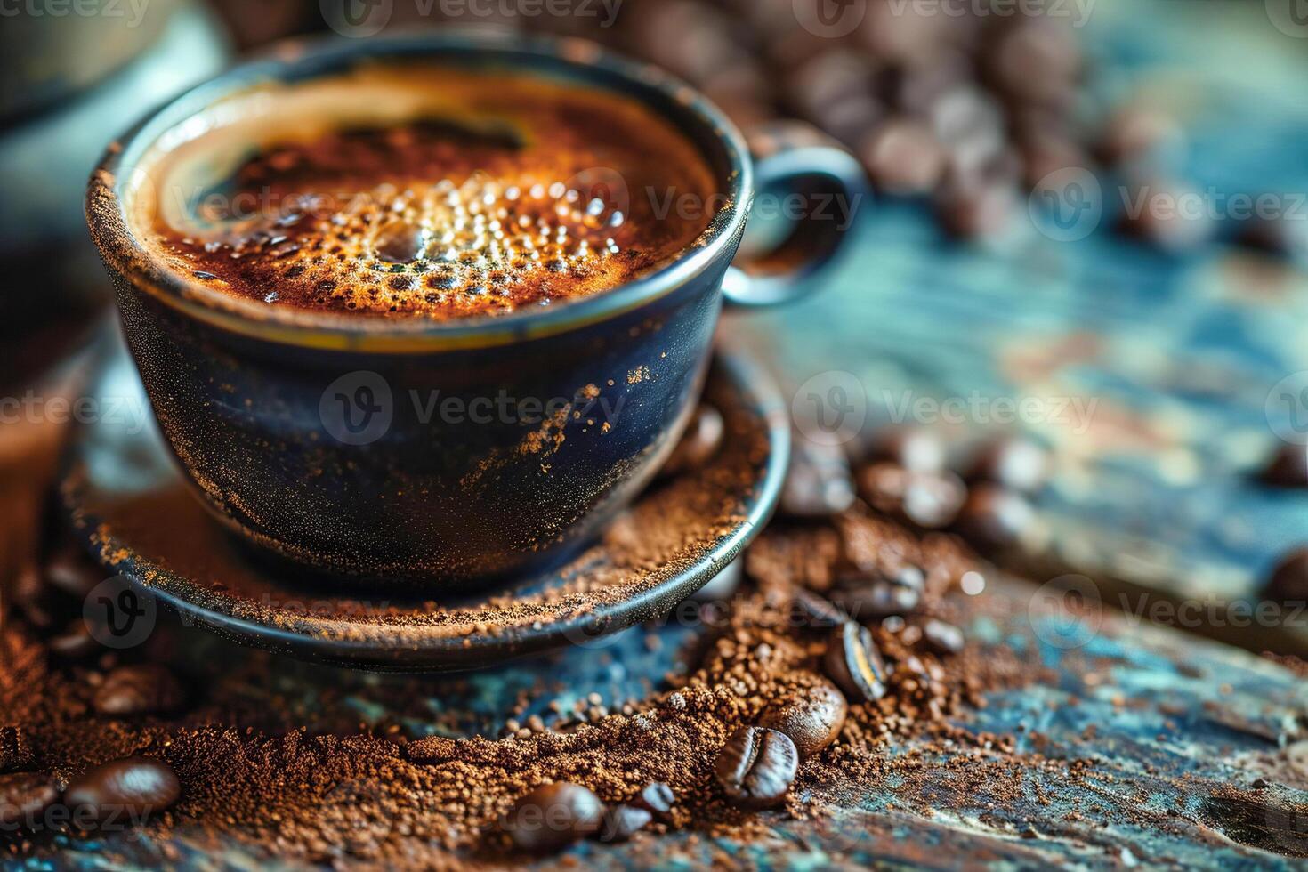 cerâmico copo com Preto café em uma Sombrio fundo. . foto