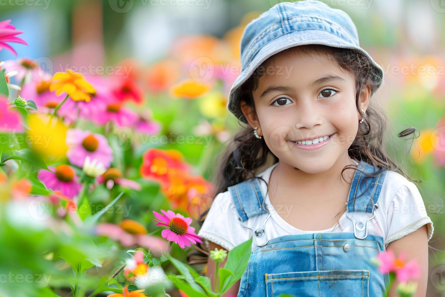 feliz menina dentro macacão e chapéu fazendo jardinagem dentro uma jardim. foto