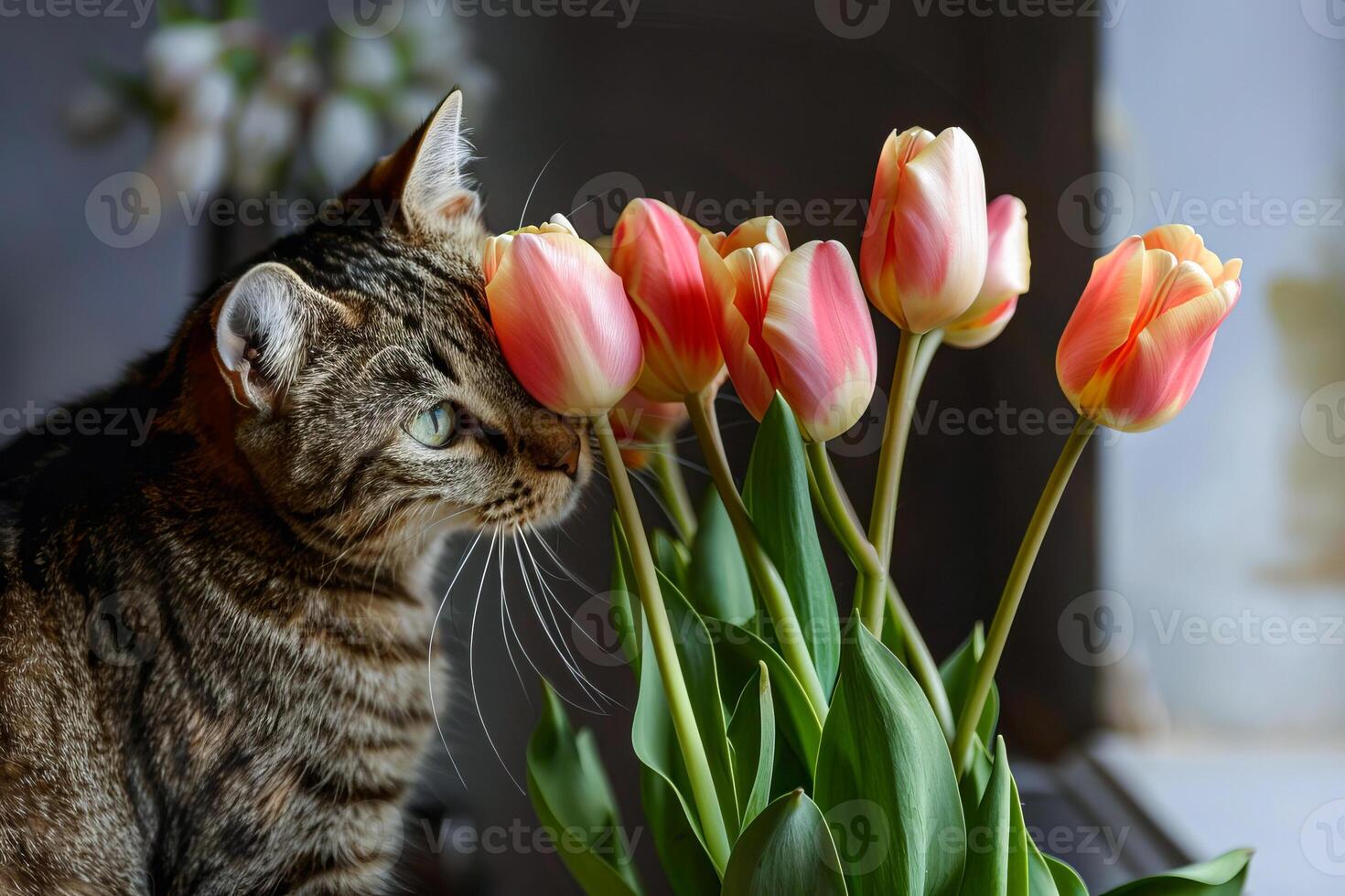 doméstico malhado gato com tulipas. . foto