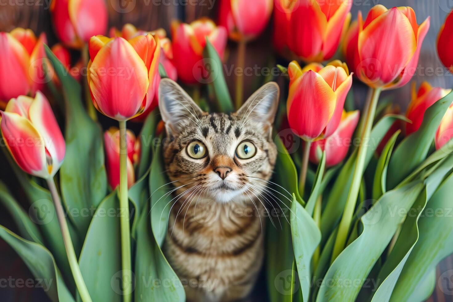 doméstico malhado gato com tulipas. . foto