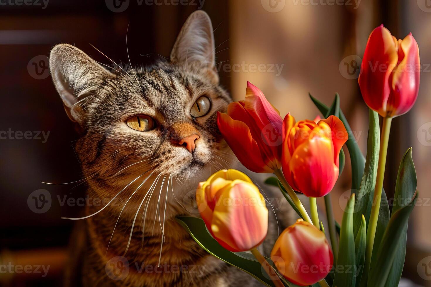 doméstico malhado gato com tulipas. . foto