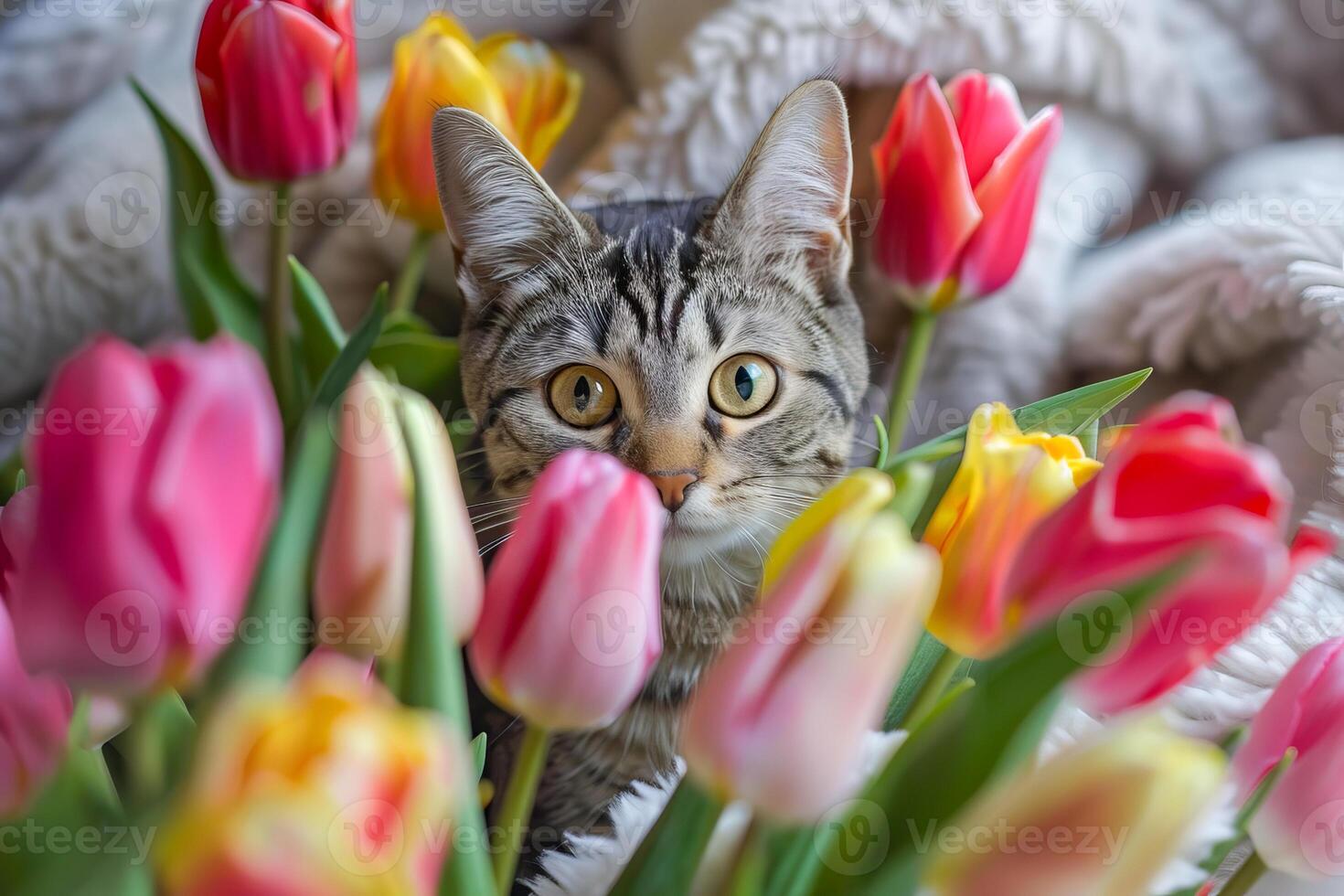 doméstico malhado gato com tulipas. . foto