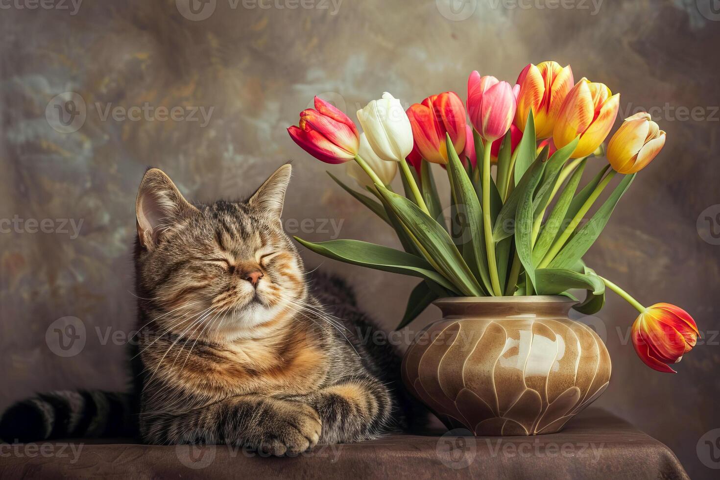 doméstico malhado gato com tulipas. . foto