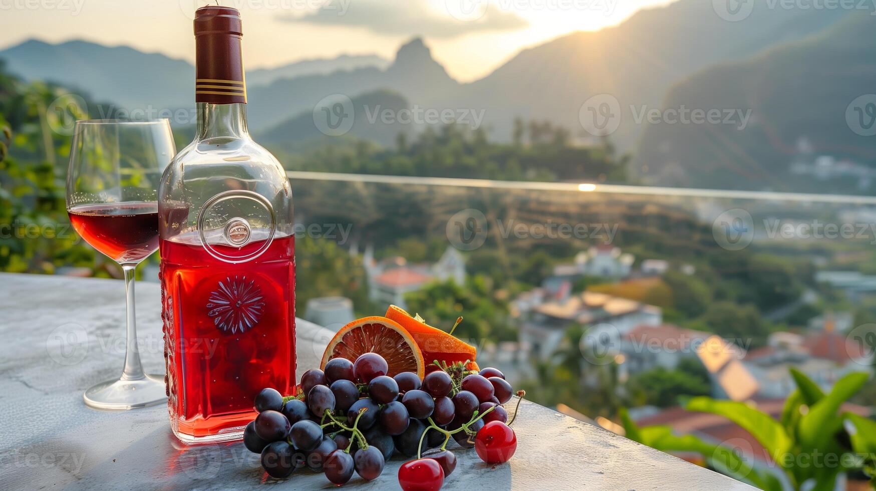 uma garrafa preenchidas com vermelho vinho e a vidro de lado colocada em uma agradável concreto, alguns picado tropical frutas. lindo montanhas dentro a cenário. gerado de artificial inteligência. foto