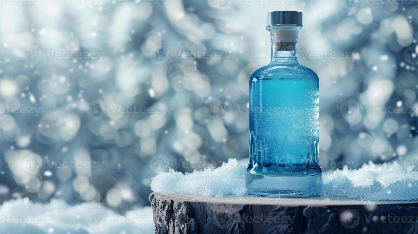 uma azul Gin garrafa com um de madeira superfície dentro uma Nevado fundo. gerado de artificial inteligência. foto