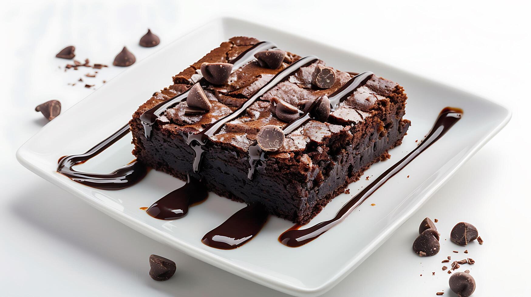 uma peça do Brownie bolo com derretido chocolate em uma branco prato em uma branco fundo foto