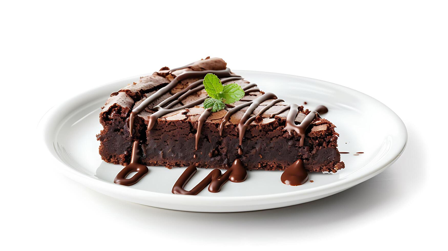 uma peça do Brownie bolo com derretido chocolate em uma branco prato em uma branco fundo foto
