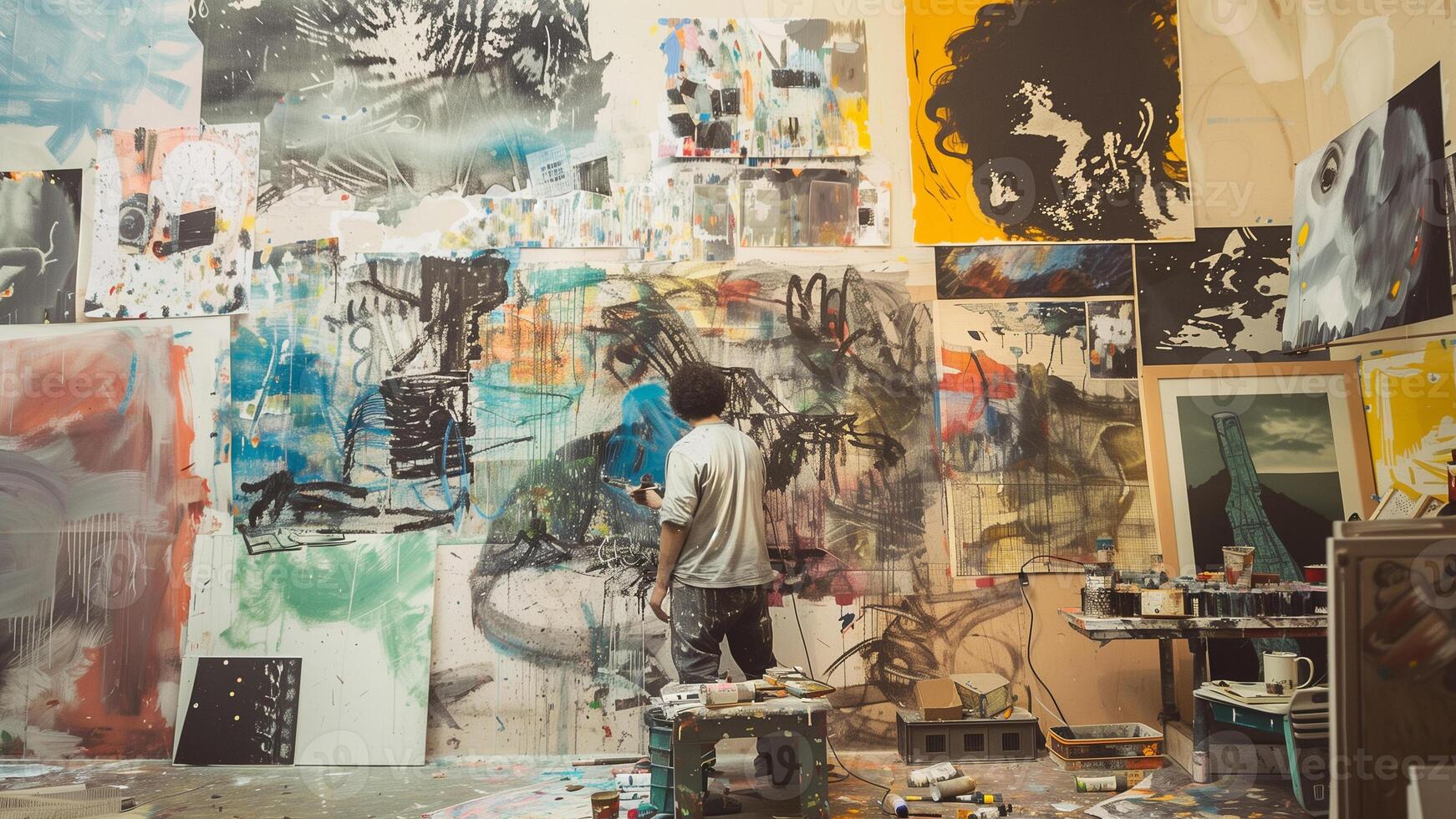 jovem artista pintura uma cenário em tela de pintura dentro dele estúdio. foto