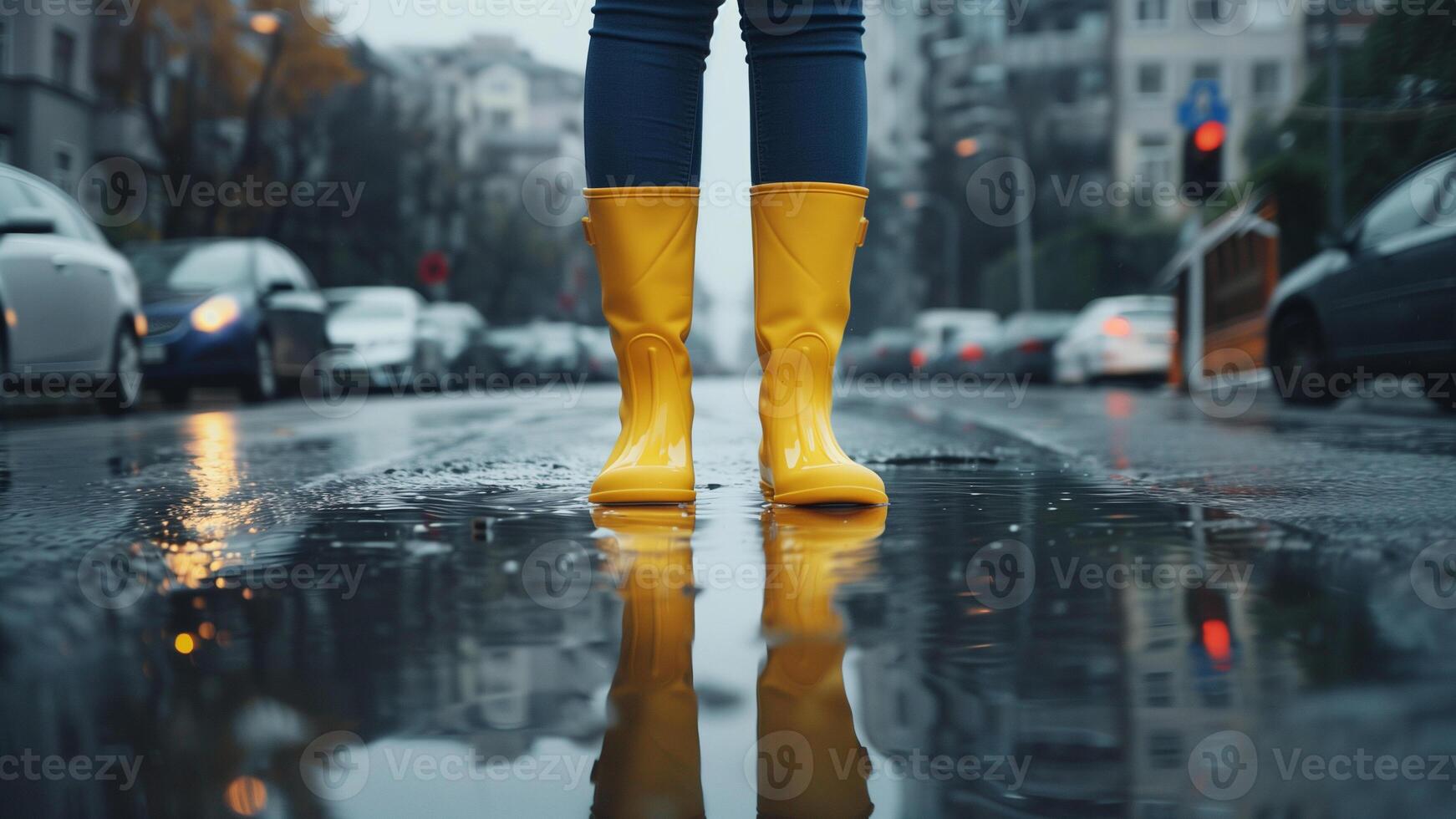 uma mulher vestindo amarelo chuva chuteiras carrinhos em uma molhado calçada foto