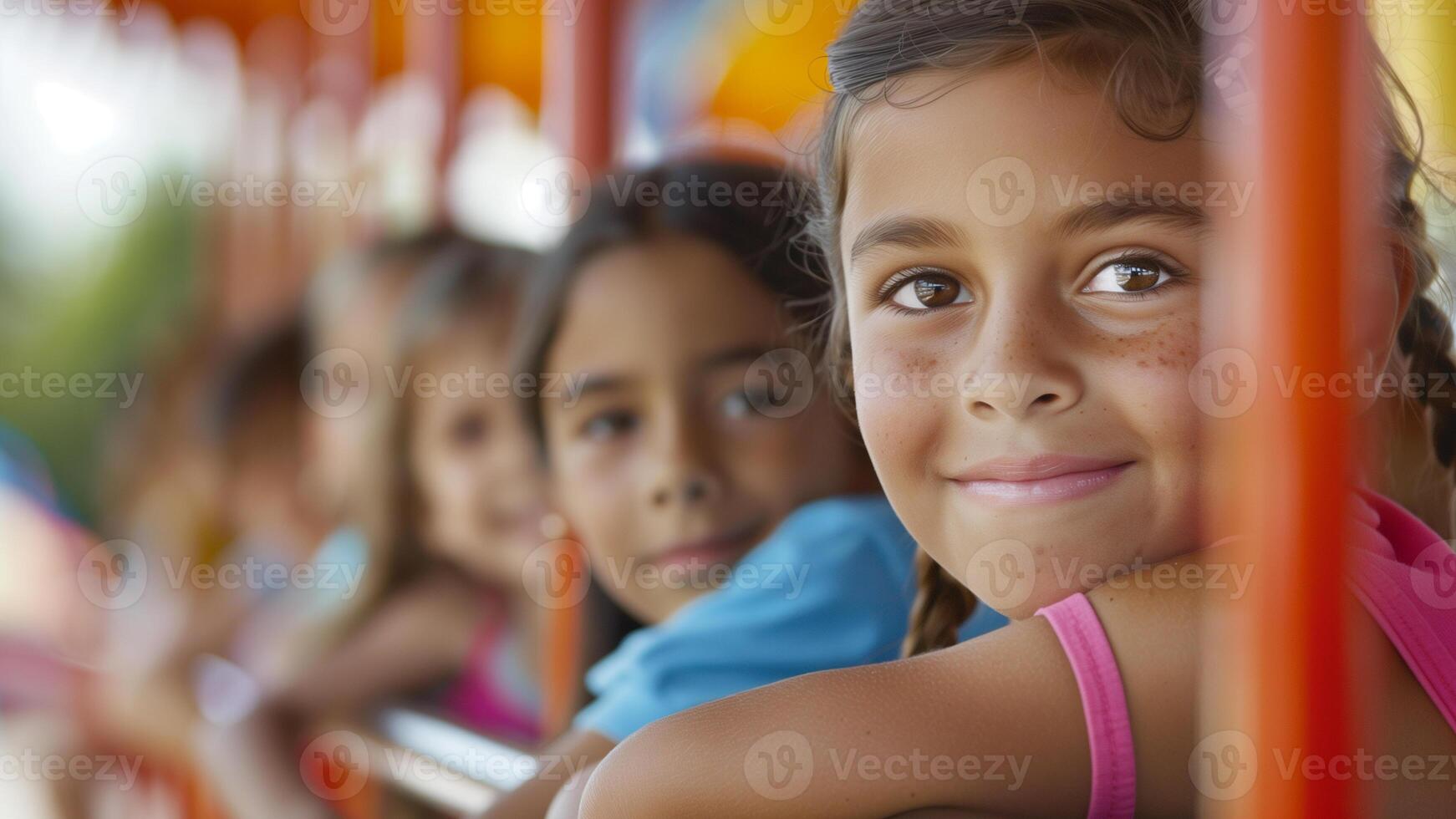 retrato do uma pequeno menina com dela amigos dentro uma carrossel foto