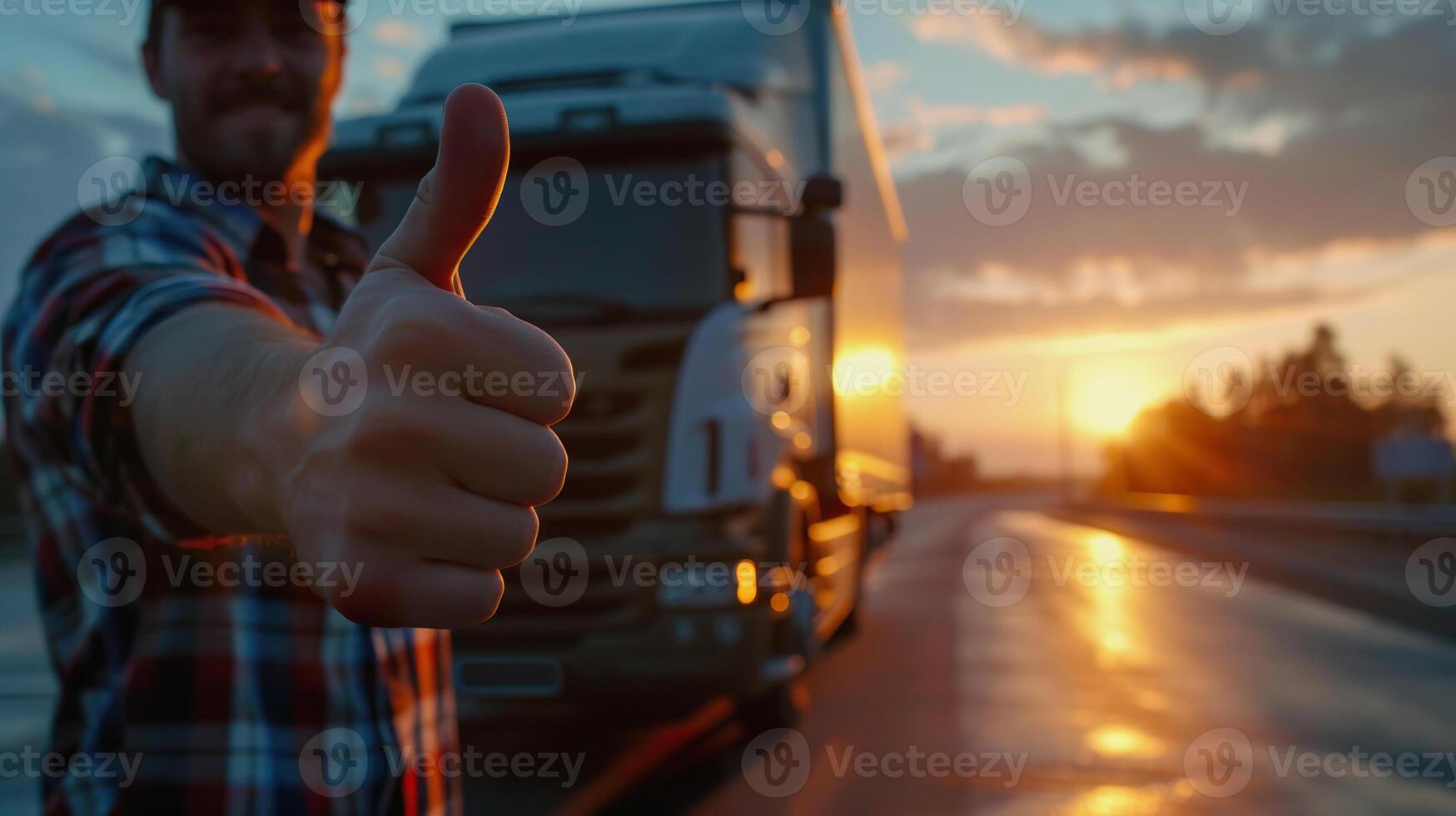 feliz caminhão motorista dando polegar acima às pôr do sol dourado hora foto