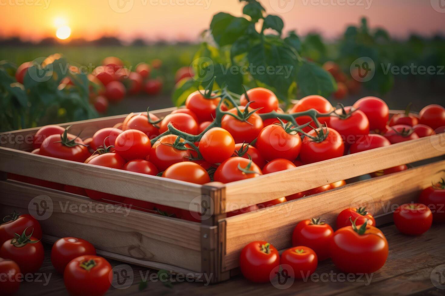 fresco vermelho tomates dentro de madeira caixa, agricultura, agricultura e colheita foto