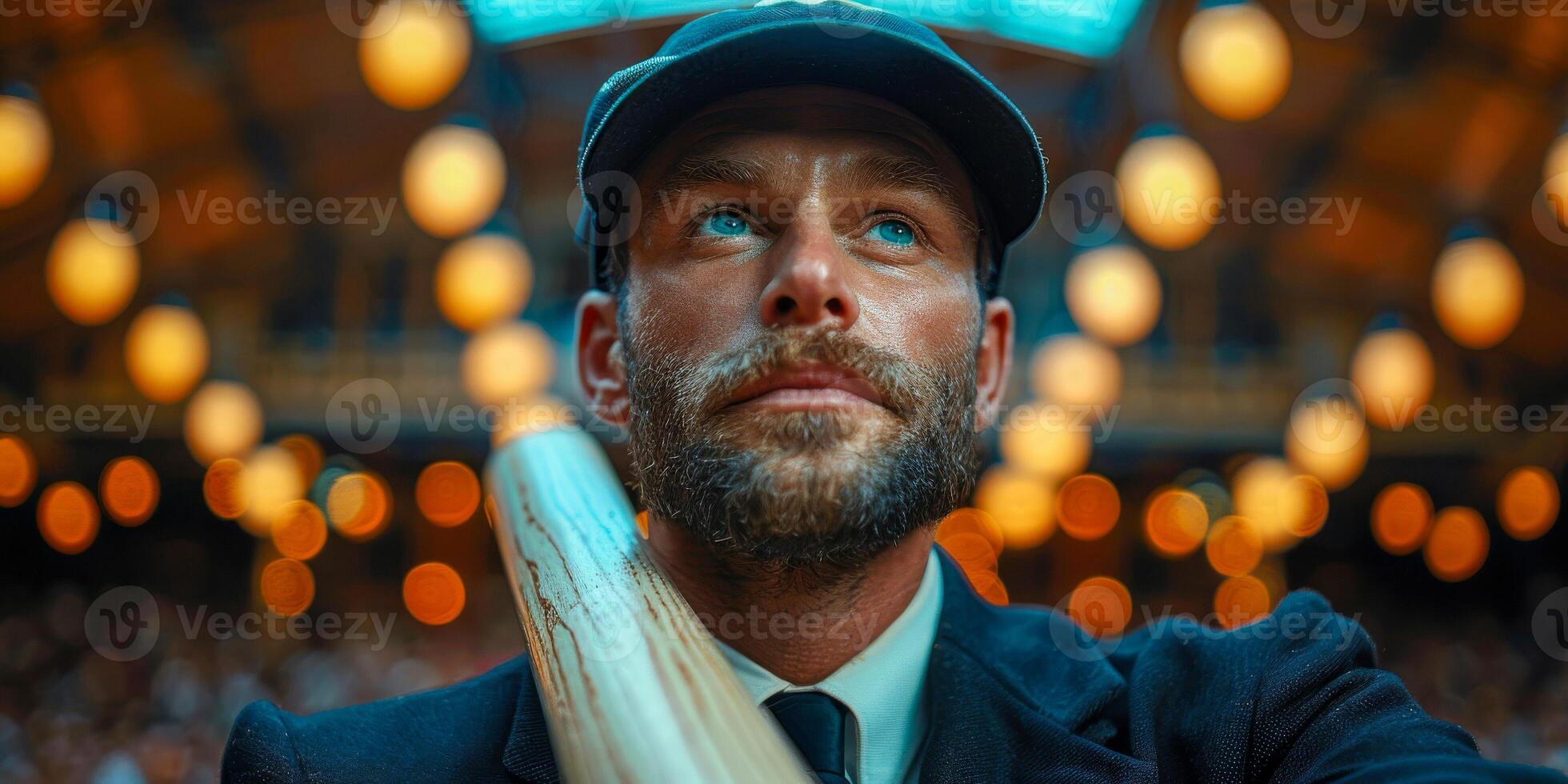 homem dentro terno e gravata segurando beisebol bastão foto