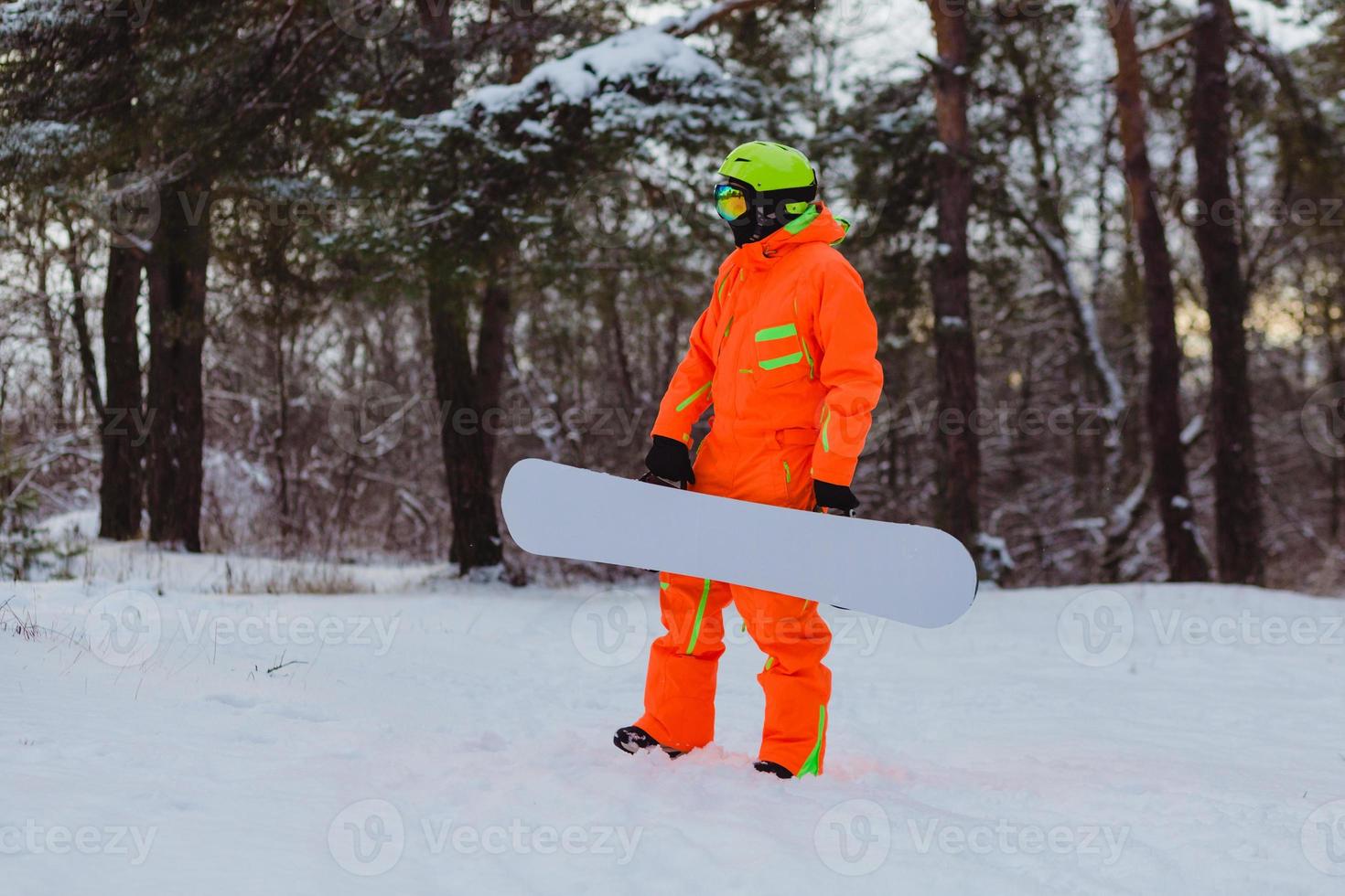 snowboarder posando em floresta de inverno foto