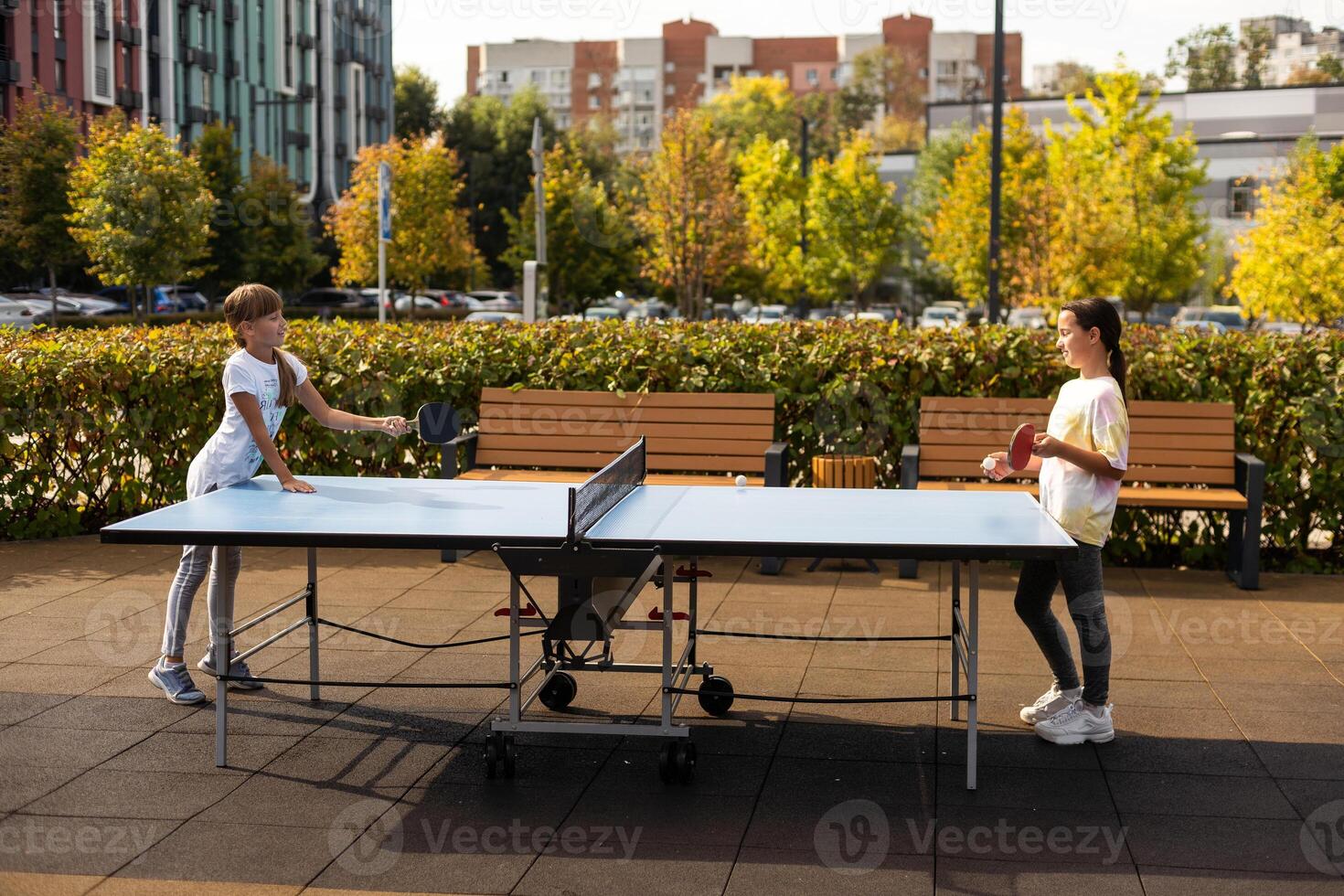 fotografia do mesa tênis área dentro a público parque. rua pingue-pongue Esportes competições dentro Primavera dia. estilos de vida do grande cidade. pessoas jogando mesa tênis ativamente. foto