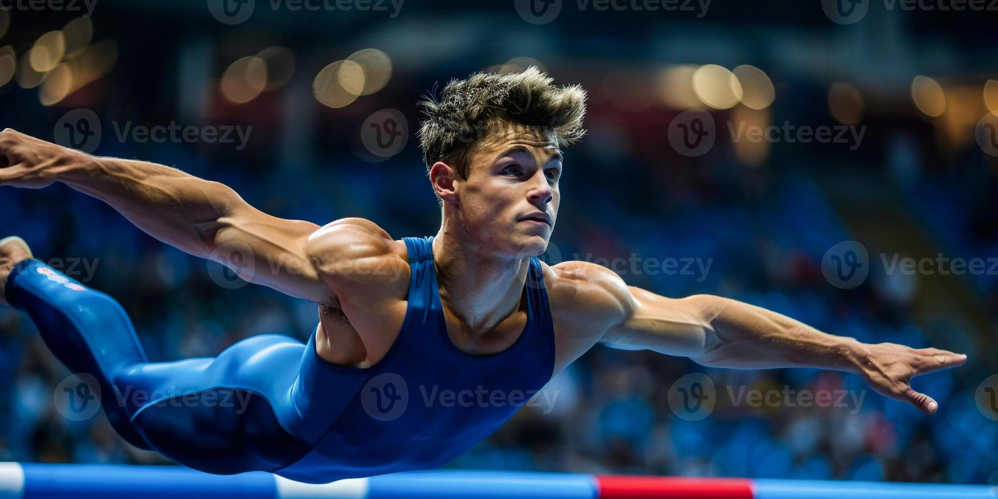 ai gerado a desportista realizando difícil ginástica exercício às academia. a esporte, exercício, ginasta, saúde, treinamento, atleta conceito. caucasiano em forma modelo foto