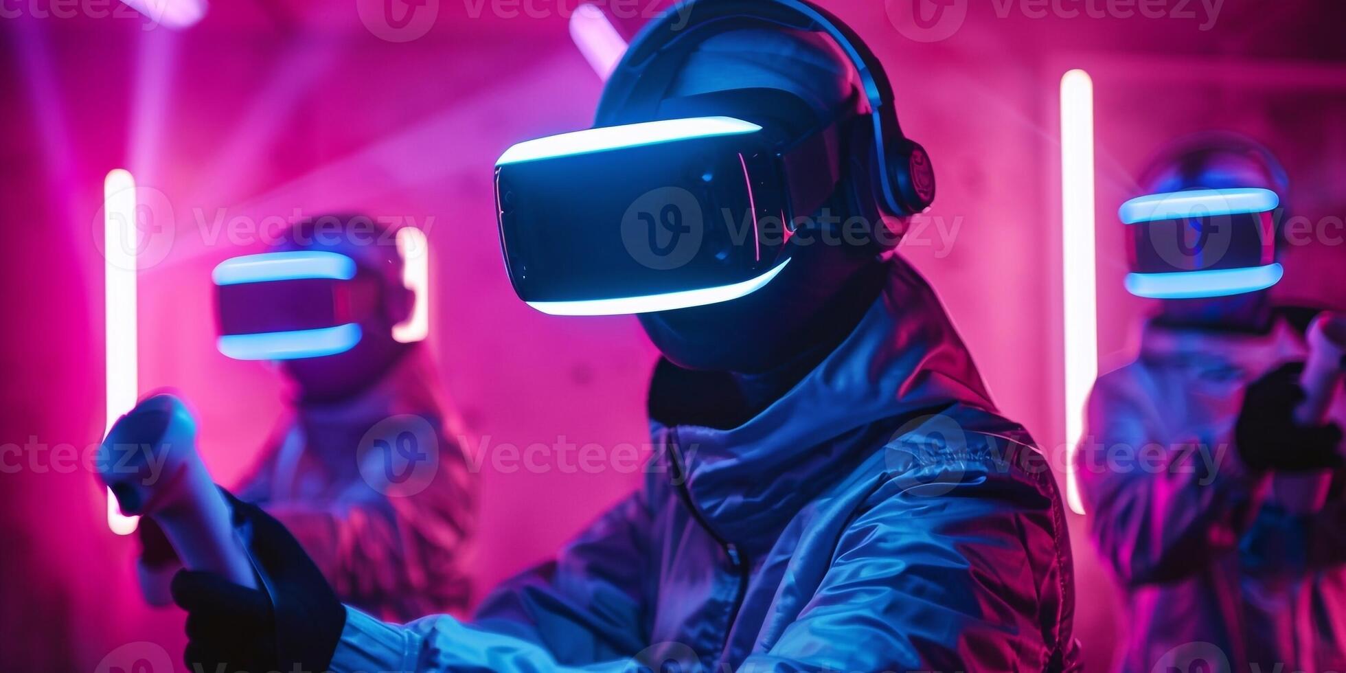 ai gerado gamers com virtual realidade fones de ouvido e controladores de jogo. conceito do virtual realidade, jogos, entretenimento e comunicação foto