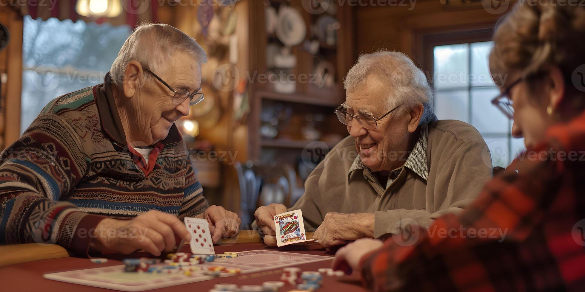 ai gerado grupo do idosos jogando cartões dentro a aposentadoria casa foto
