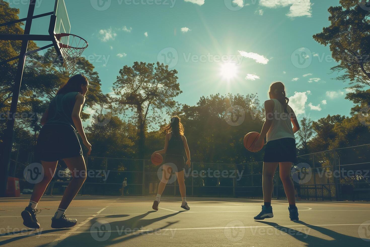 ai gerado jogadoras em navegador parque cesta bola quadra apreciar uma ensolarado atrasado Primavera tarde do basquetebol foto