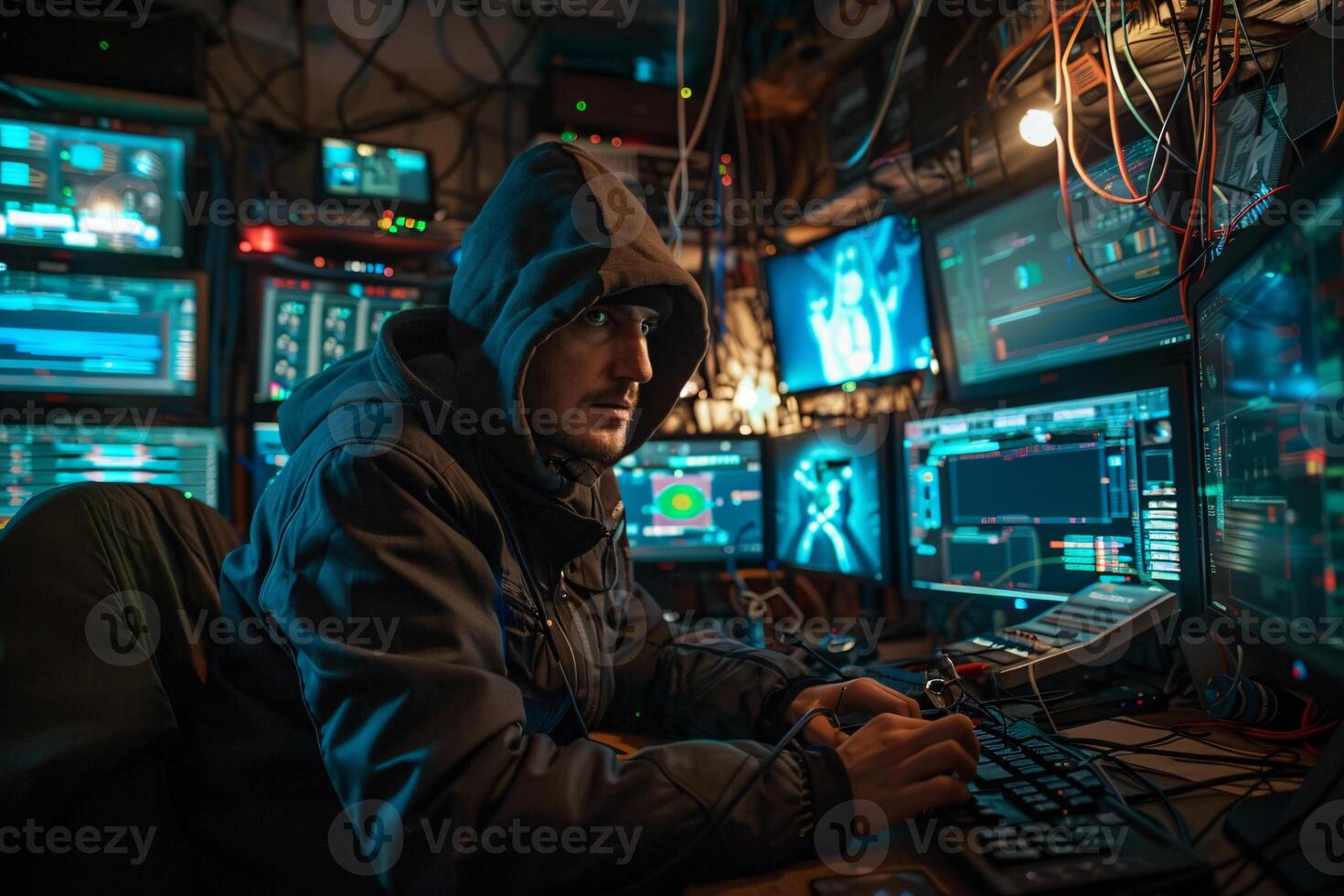 ai gerado hacker sentado dentro quarto com computador e monitor foto