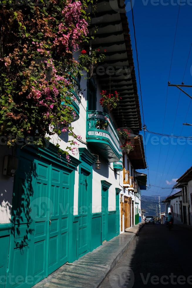 lindo fachada do a casas às a histórico centro da cidade do a herança Cidade do salamina localizado às a Caldas departamento dentro Colômbia. foto