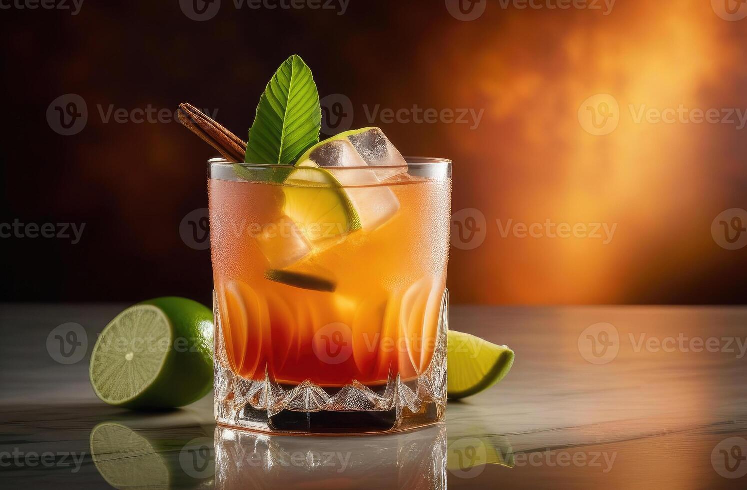 ai gerado mai tai rum coquetel com Lima, amêndoa em lustroso mármore mesa, dramático Difícil iluminação. essência do tropical férias, gosto do paraíso. ideal para viagem brochuras, coquetel cardápios foto