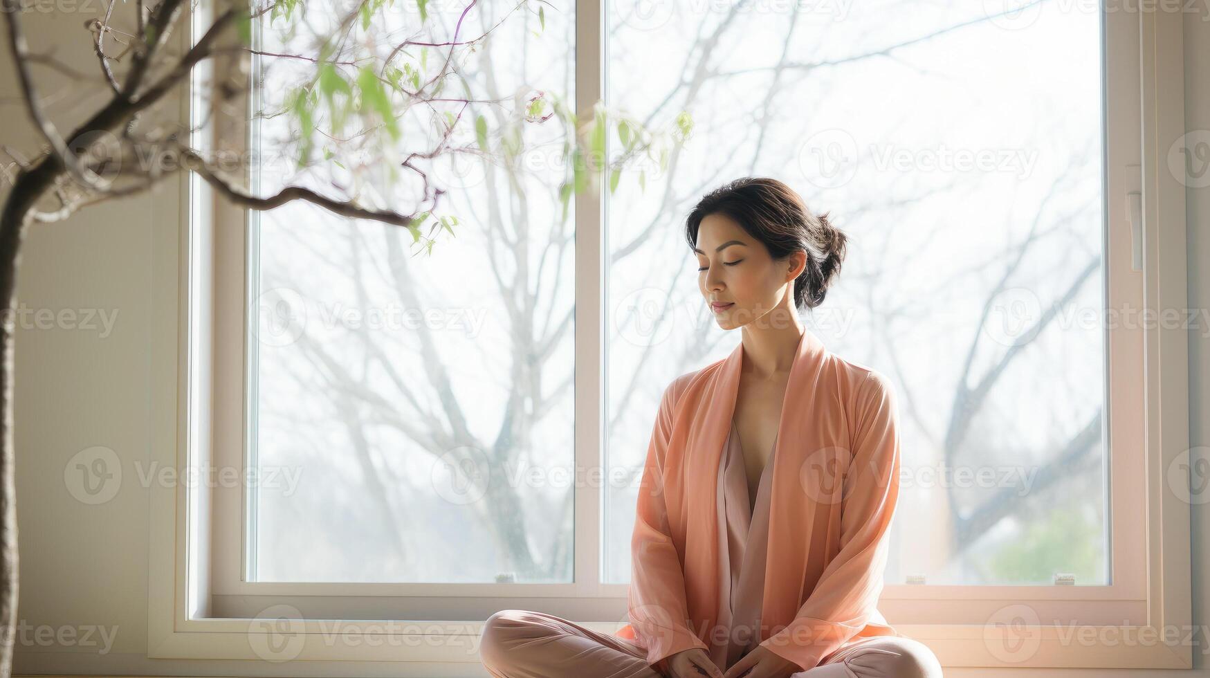 ai gerado ásia mulher dentro suave Rosa roupa esportiva fazendo ioga dentro frente do janela, calma saudável jovem senhora meditar às lar, luz do dia, borrado fundo, esporte, saúde, autocuidados conceito, minimalista estilo foto