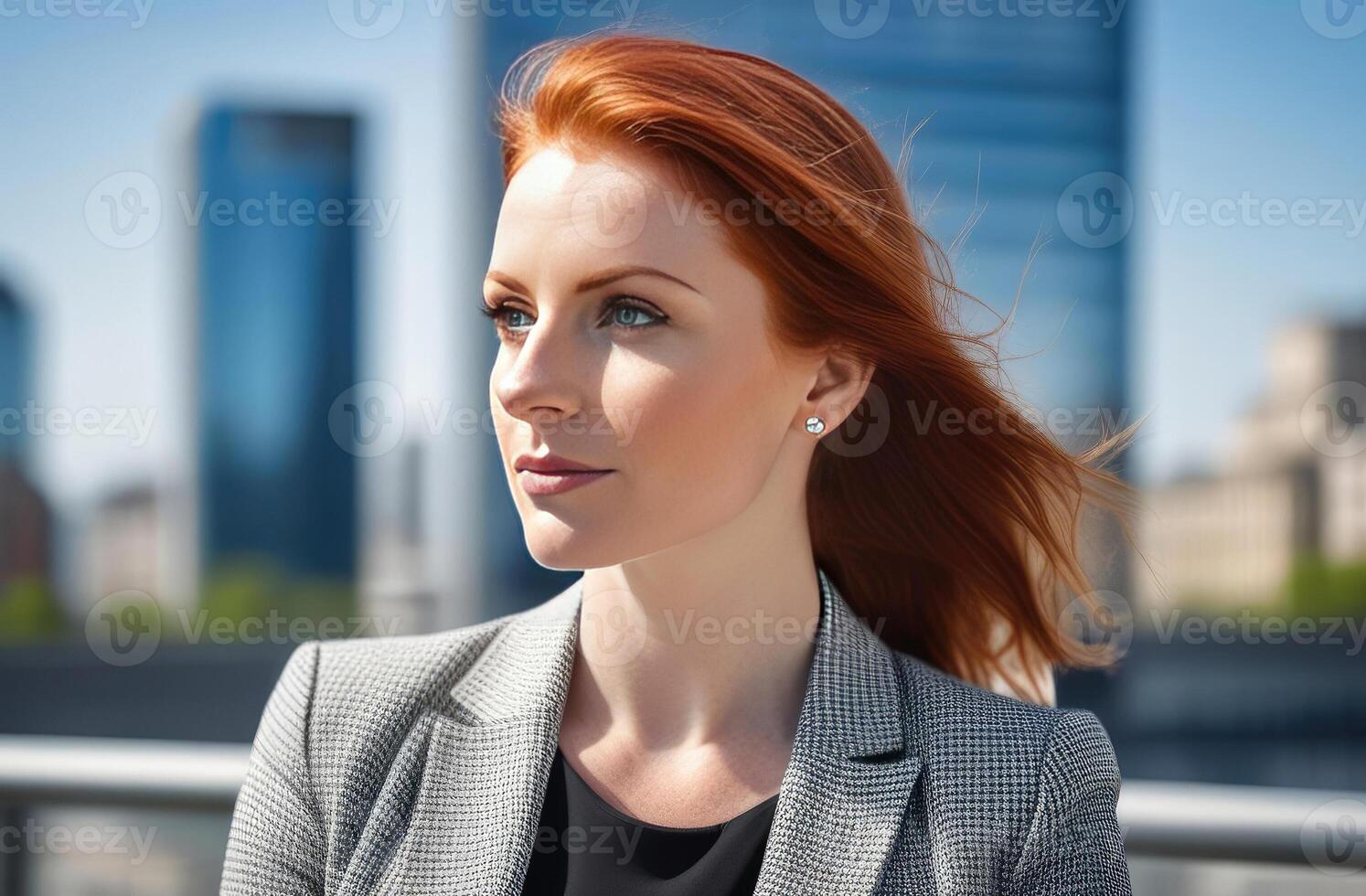 ai gerado retrato do à moda 30 yo ruiva mulher dentro escritório traje, grande cidade rua, ensolarado verão dia. confiança, profissionalismo, urbano sofisticação. moderno carreira senhora, cidade vida. smm conceito foto