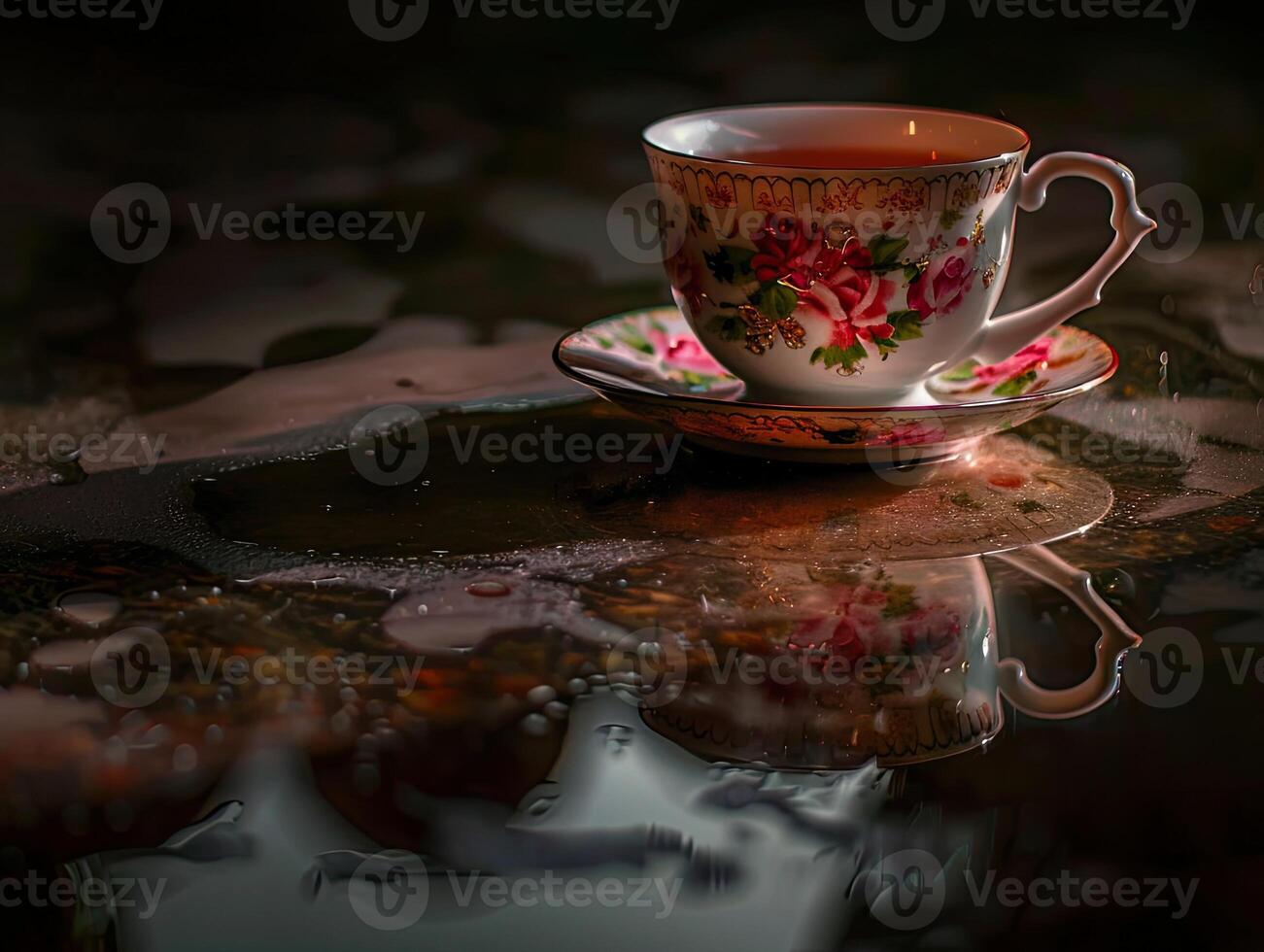 vapor chá copo em úmido superfície foto