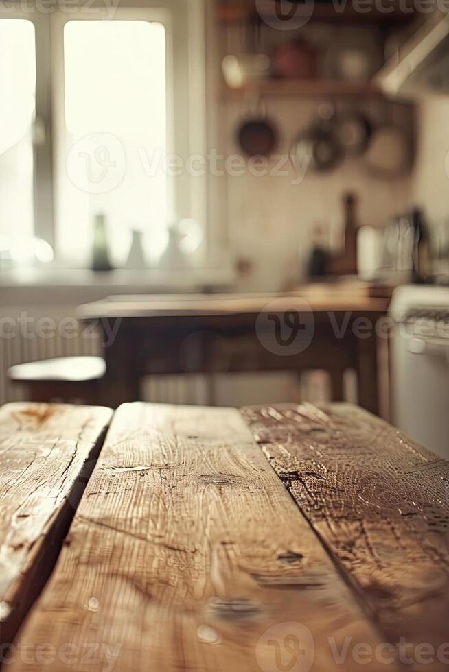 rústico de madeira de mesa com borrado cozinha pano de fundo foto