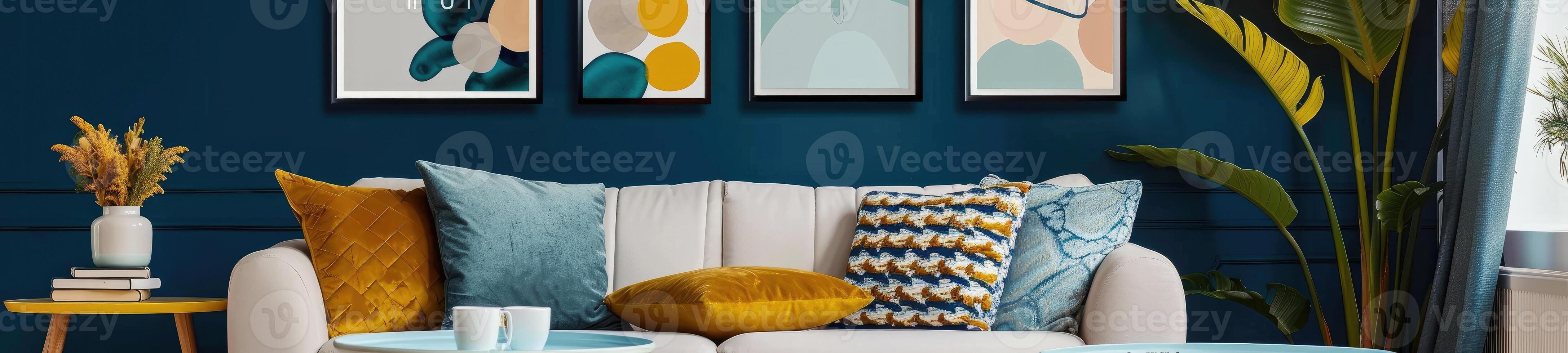 uma acolhedor e à moda vivo quarto com moderno decoração dentro amarelo e azul cores foto