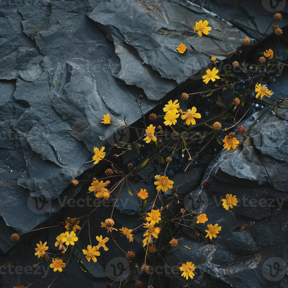 abundância do pequeno amarelo flores em Sombrio pedra fundo foto