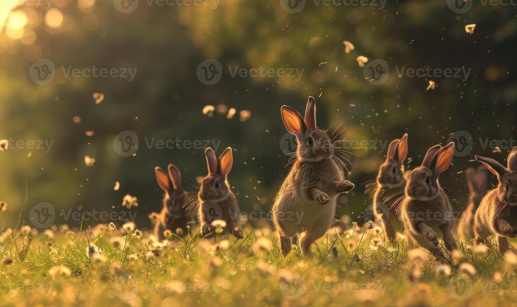 uma grupo do coelhos saltitar através uma campo foto