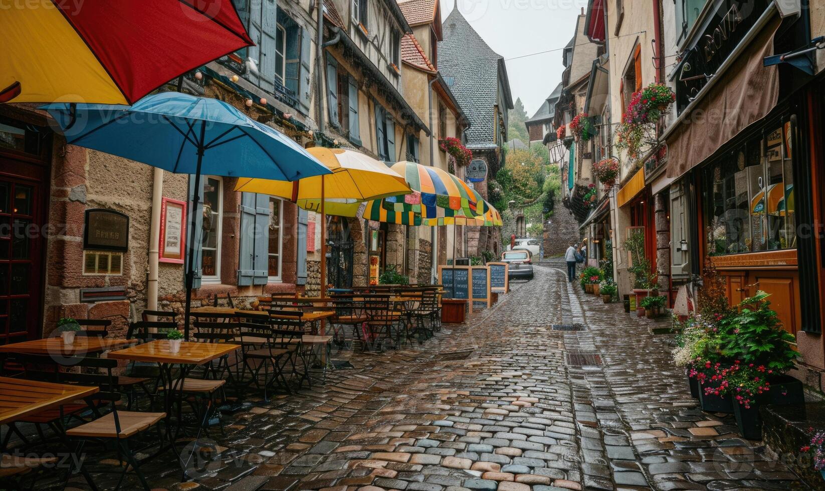 encharcado de chuva calçada portuguesa ruas enrolamento através uma histórico europeu Cidade foto